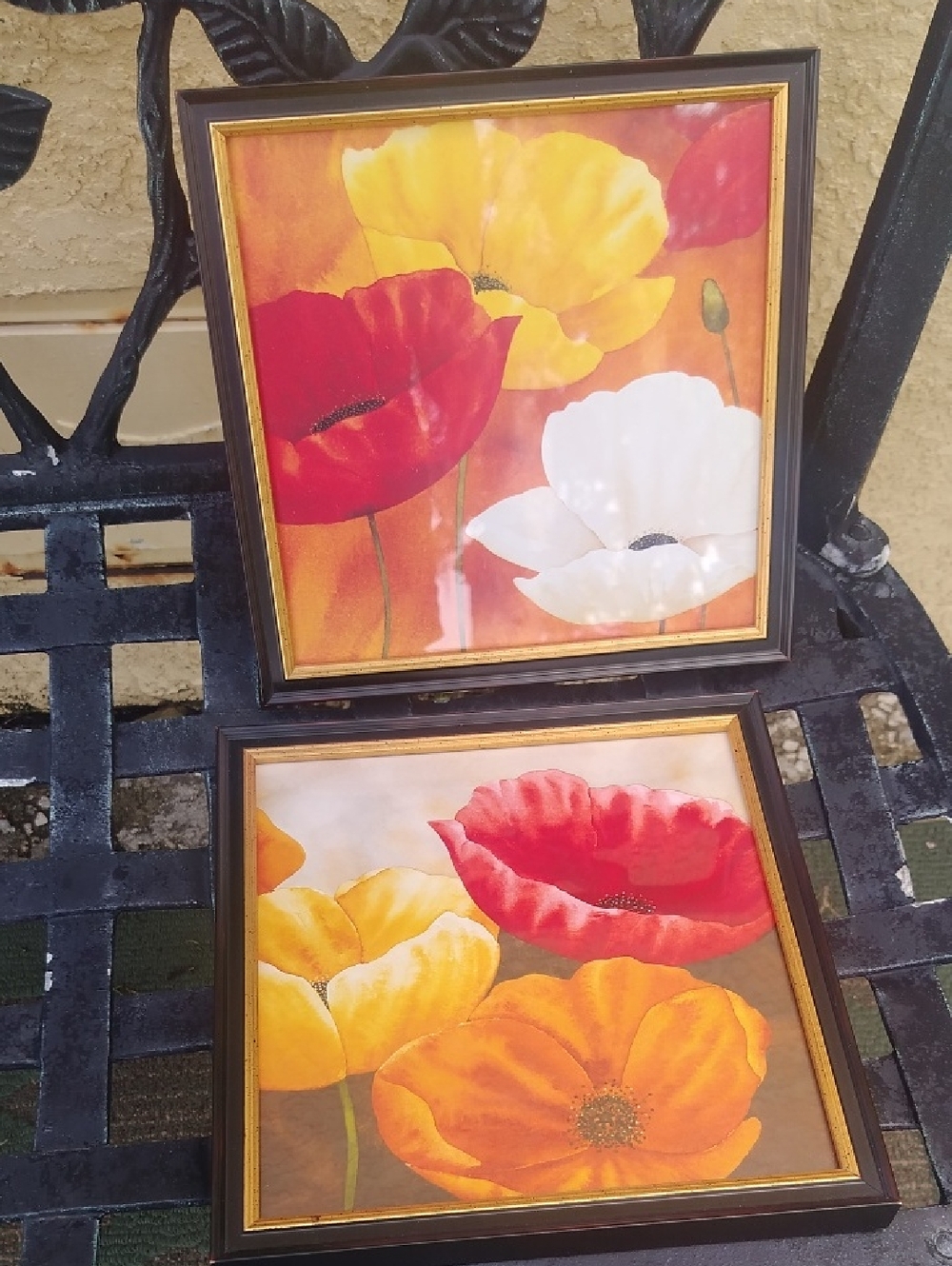 Poppy Lacquered Pair Of Floral Wall Art Set - Red, Yellow, Orange, White